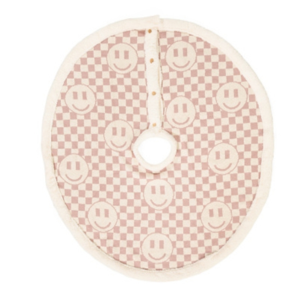 Christmas Tree Skirt SHABBY CHIC 50" Round Smiley Face Checkered Beige NWT